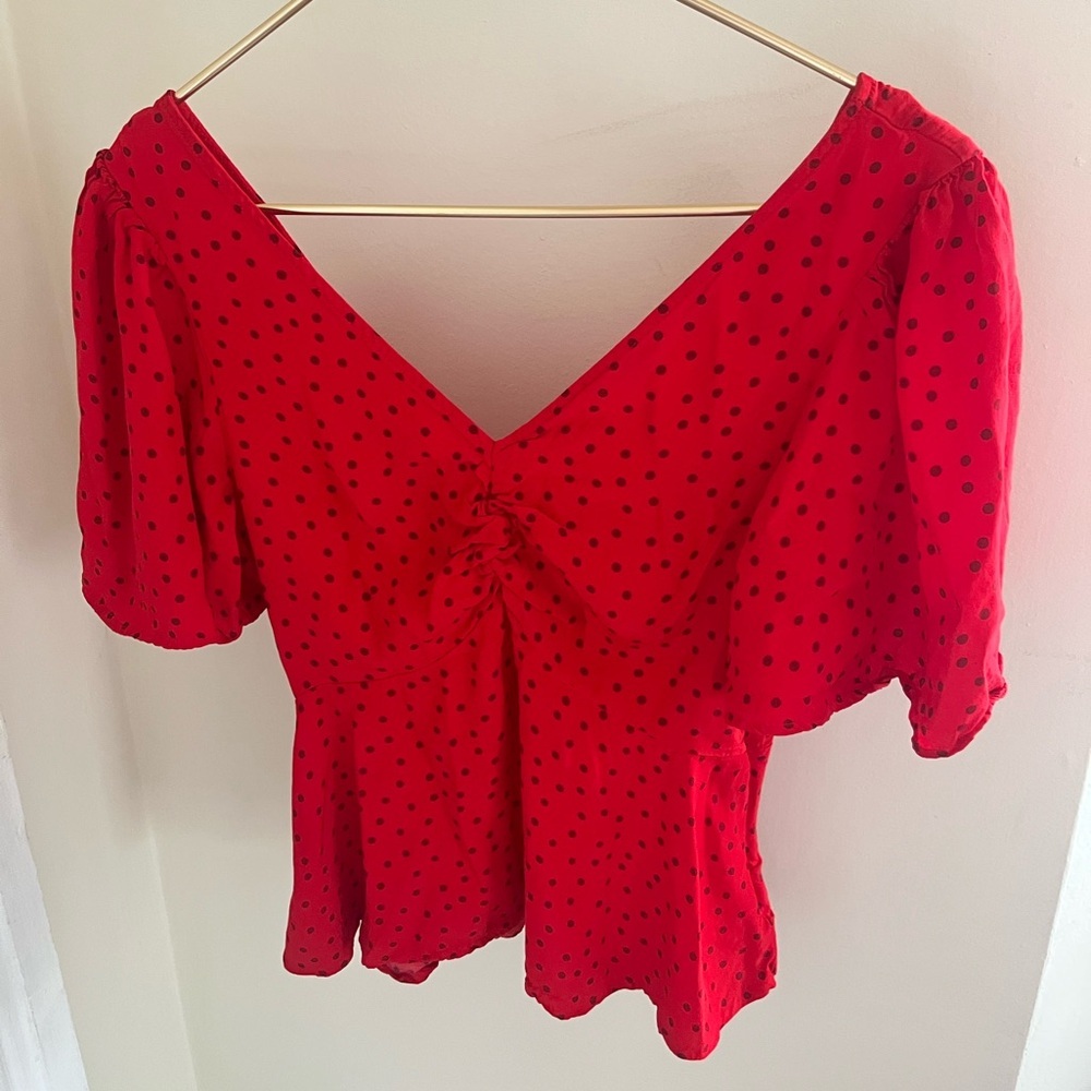 a new day romantic cottage vibrant Red and Black Polka Dot Blouse XS - Picture 3 of 12